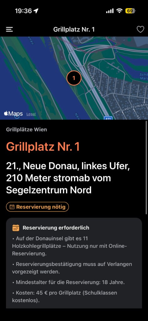 Detailseite mit Reservierungshinweis für Grillplatz Nr. 1 an der Donauinsel