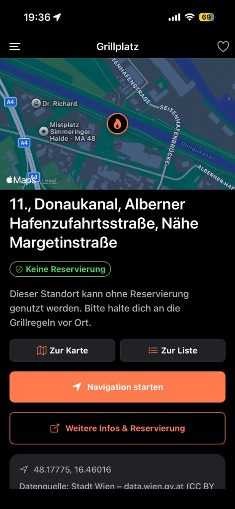 Detailseite eines Grillplatzes mit Karte und Navigation