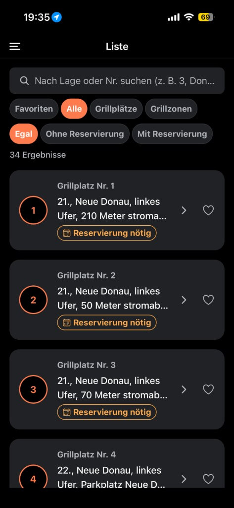 Listenansicht mit Suche und Filtern für Grillplätze und Grillzonen